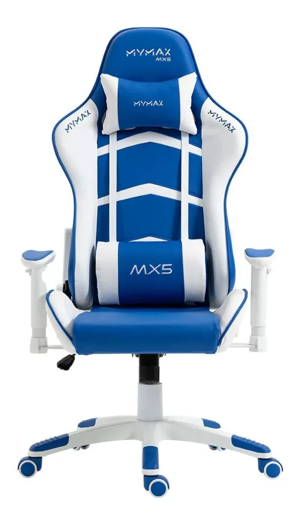 Cadeira gamer Mymax MX5 em azul e branco, com visual moderno e estrutura robusta. Perfeita para longas sessões de uso com conforto e estabilidade.