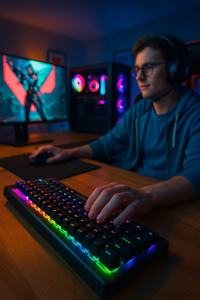 Gamer levando o jogo a sério, com um dos teclados gamer mecânicos em destaque.